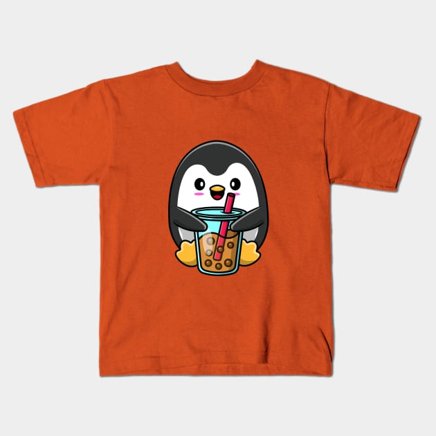 Cute Penguin Loves Bubble tea Kids T-Shirt by Artist usha